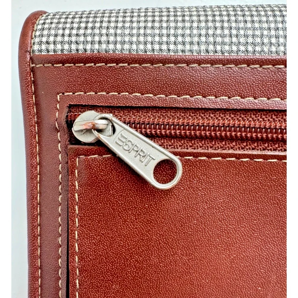 Espirit Wallet Green/White Plaid Brown Vegan‎ Leather 11 Card Slots Organizer